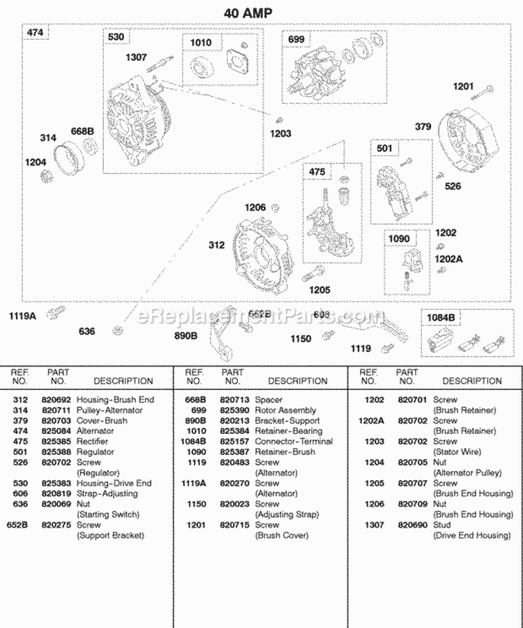 40 Amp Alternator Diagram and Parts List for 432447-0105-E2  Briggs and Stratton Engine